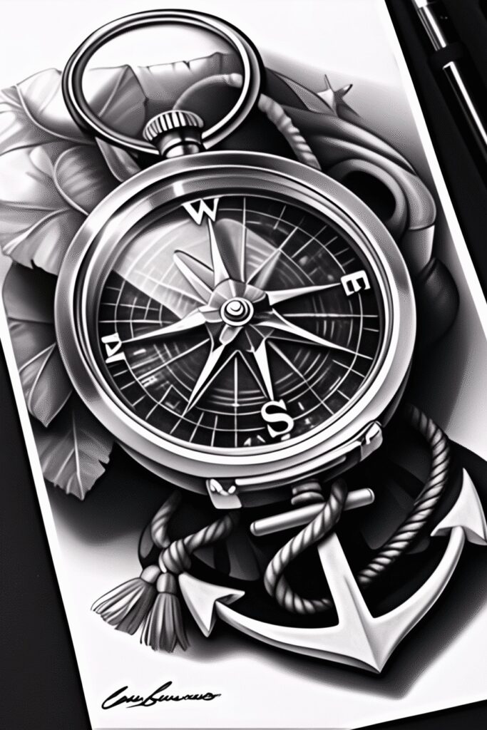 Compass, rope, anchor, and leaves in black and grey; tattoo project idea; cover-up-ready.