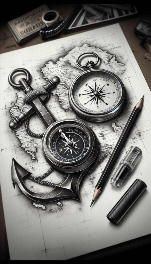 Black and grey tattoo design idea with two compasses, anchor, map, pencil, ink bottle, rope, and banknote; suitable as a cover-up.