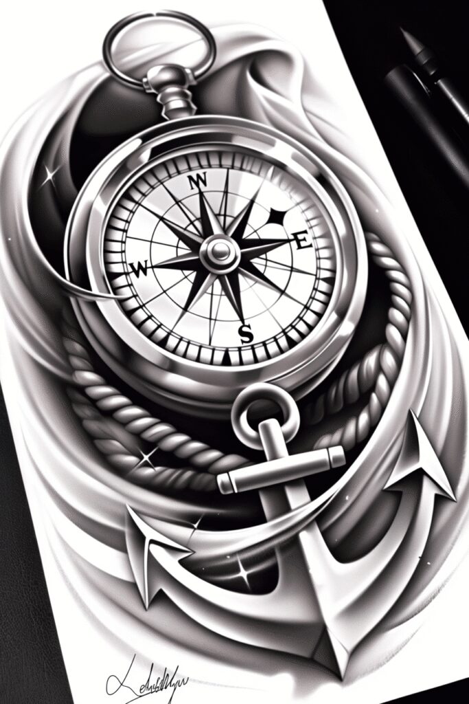 Compass, anchor, rope in black and grey; AI-generated tattoo project; cover-up ready.