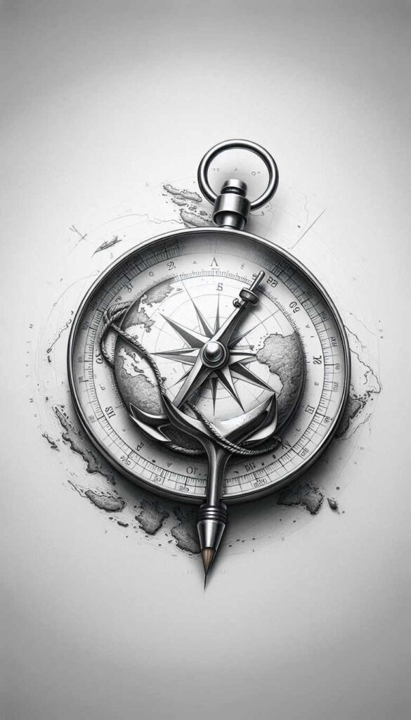 Black and grey pocket watch with compass rose, rope coil, map backdrop, and pencil tip; tattoo design idea; suitable for a cover-up.