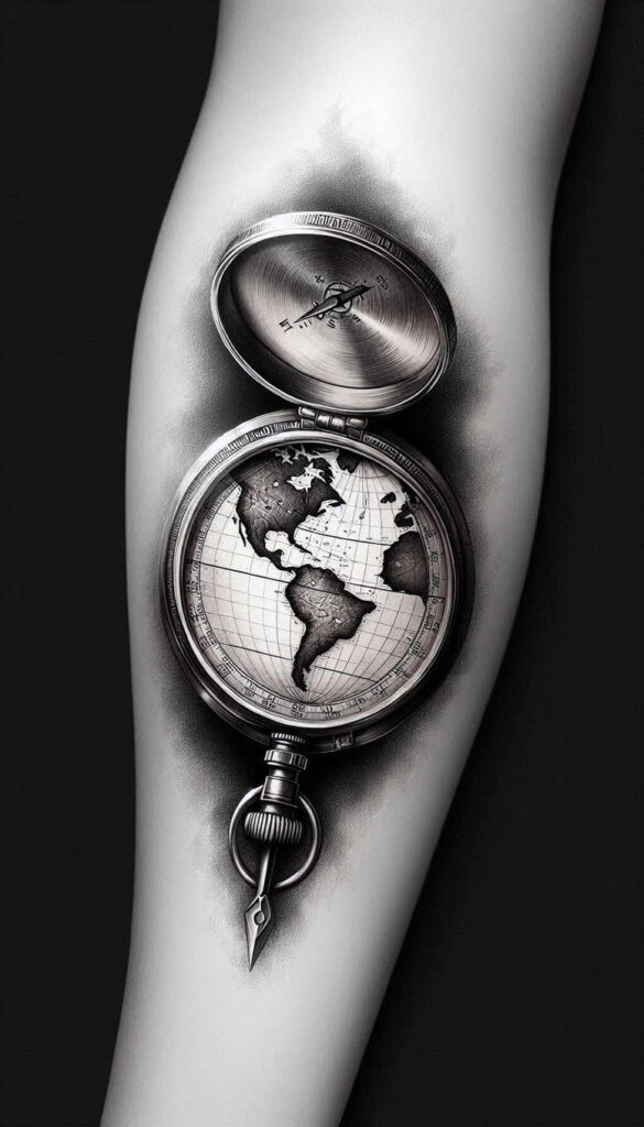 Realistic black and grey pocket watch with world map dial on forearm; open lid, chain visible; tattoo project idea; suitable for cover-up.