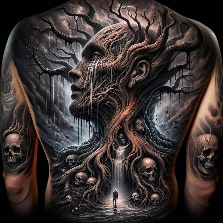 tree-geometric-detail-realism-optical-illusion-for-side-torso – tattoo design ideas free ai generated – Gallery: trees-inkby-ai