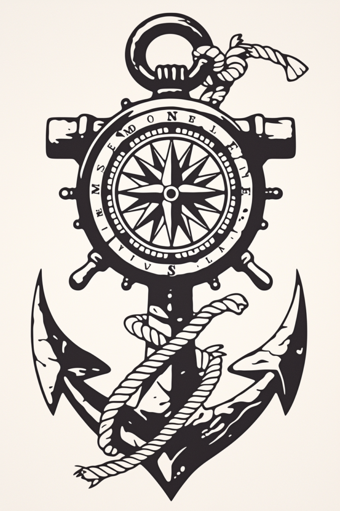 Anchor, compass rose, and rope coil in black ink; black and grey tattoo design; project concept; suitable for cover-up.