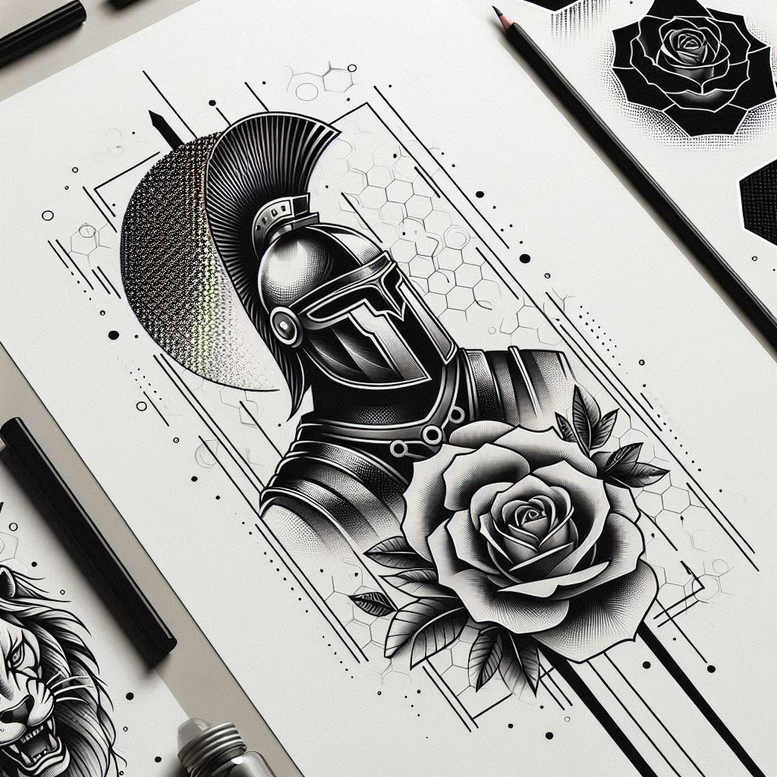 spartan-battle-and-courage-motif-neotraditional-classic-motifs-for-sternum – tattoo design ideas free ai generated – Gallery: warriors-inkby-ai