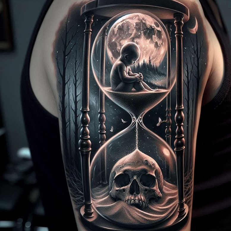 time-journey-symbol-neotraditional-strong-outlines-for-lower-thigh – tattoo design ideas free ai generated – Gallery: watches-hourglass-inkby-ai