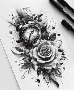 watches-hourglass tattoo design ideas vibrant palette ticking symbol for shoulder blade