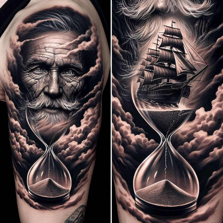 hourglass-neotraditional-smooth-gradients-for-chest – tattoo design ideas free ai generated – Gallery: watches-hourglass-inkby-ai