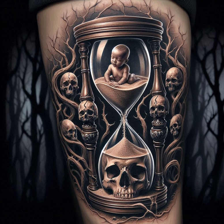 time-cycle-symbol-realism-tonal-depth-for-back-of-neck – tattoo design ideas free ai generated – Gallery: watches-hourglass-inkby-ai