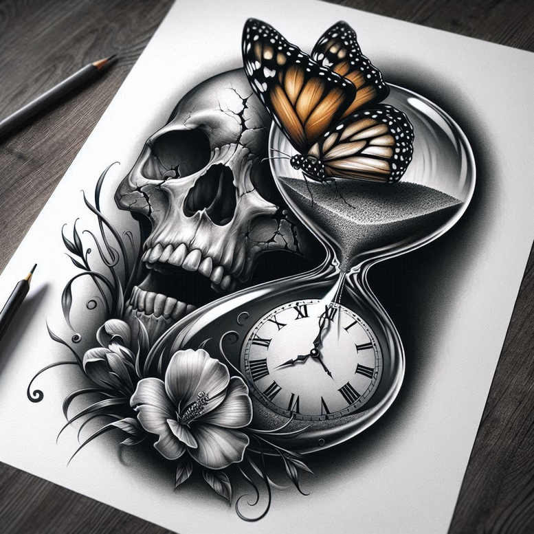 time-nostalgia-symbol-surrealism-visual-paradox-for-wrist – tattoo design ideas free ai generated – Gallery: watches-hourglass-inkby-ai