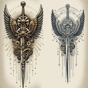 weapons-with-mythological-motif-sacred-geometry-for-back – tattoo design ideas free ai generated – Gallery: weapons-inkby-ai