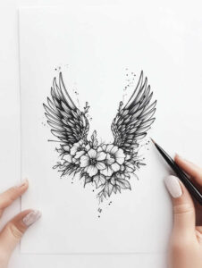 angelic-motif-wings-tattoo – tattoo design ideas free ai generated – realism-organic-structure – for-stomach – Gallery: wings-inkby-ai