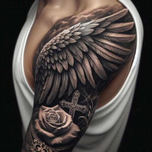 artistic-detail-wings-tattoo – tattoo design ideas free ai generated – neotraditional-modern-twist – for-behind-ear – Gallery: wings-inkby-ai