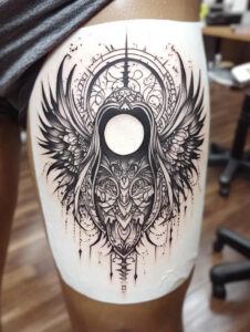harmony-motif-wings-tattoo – tattoo design ideas free ai generated – surrealism-melting-forms – for-collarbone – Gallery: wings-inkby-ai