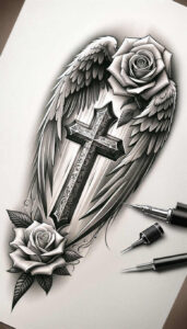 inspiration-motif-wings-tattoo – tattoo design ideas free ai generated – realism-illusion-of-depth – for-lower-thigh – Gallery: wings-inkby-ai