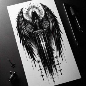 motion-wings-tattoo – tattoo design ideas free ai generated – realism-blended-gradients – for-lower-chest – Gallery: wings-inkby-ai