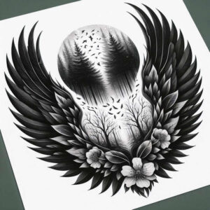 mystery-motif-wings-tattoo – tattoo design ideas free ai generated – neotraditional-bold-color-blocks – for-sternum – Gallery: wings-inkby-ai
