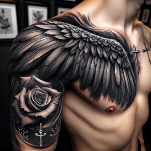 mystery-motif-wings-tattoo – tattoo design ideas free ai generated – neotraditional-bold-outline – for-back-shoulder – Gallery: wings-inkby-ai