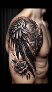 ornamental-detail-wings-tattoo – tattoo design ideas free ai generated – surrealism-unreal-light – for-behind-ear – Gallery: wings-inkby-ai