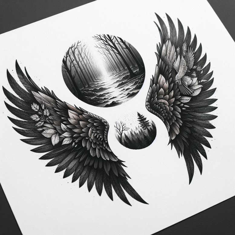protection-symbol-wings-tattoo – tattoo design ideas free ai generated – surrealism-enigmatic-visuals – for-lower-leg – Gallery: wings-inkby-ai