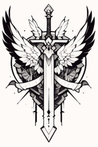 Sword with wings, circular backdrop, ribbon banner, black and grey tattoo project; cover-up suitable.