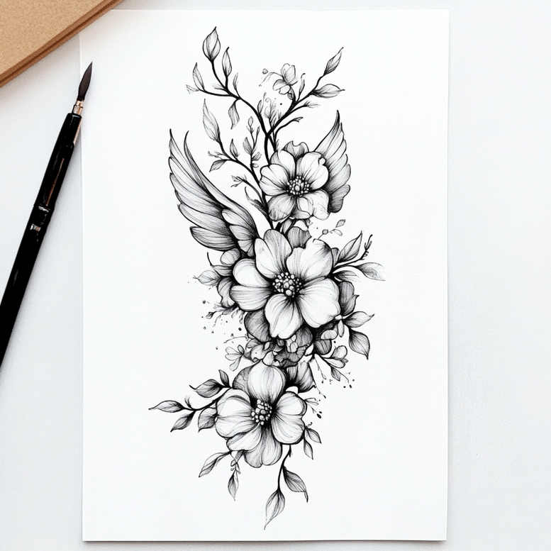 wings tattoo design ideas Surrealism phantom shadows soaring linework for upper thigh