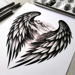 transcendence-motif-wings-tattoo – tattoo design ideas free ai generated – surrealism-floating-elements – for-biceps – Gallery: wings-inkby-ai