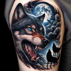 abstract-wolf-tattoo – tattoo design ideas free ai generated – realism-natural-color-palette – for-lower-leg – Gallery: wolves-inkby-ai