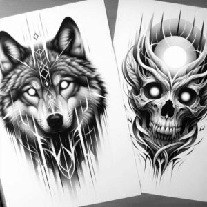 artistic-detail-wolf-tattoo – tattoo design ideas free ai generated – realism-color-precision – for-fingers – Gallery: wolves-inkby-ai