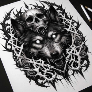 artistic-detail-wolf-tattoo – tattoo design ideas free ai generated – realism-photo-realistic – for-lower-chest – Gallery: wolves-inkby-ai