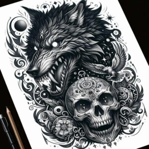 battle-motif-wolf-tattoo – tattoo design ideas free ai generated – neotraditional-bright-color – for-back-of-neck – Gallery: wolves-inkby-ai