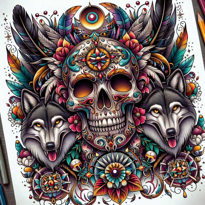 battle-motif-wolf-tattoo – tattoo design ideas free ai generated – realism-contrast-ink – for-calf – Gallery: wolves-inkby-ai