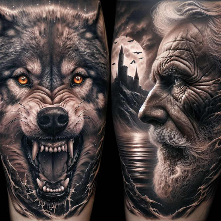 colorful-wolf-tattoo – tattoo design ideas free ai generated – neotraditional-artful-color – for-nape – Gallery: wolves-inkby-ai