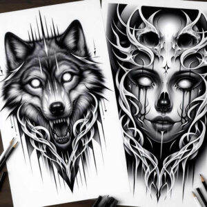 colorful-wolf-tattoo – tattoo design ideas free ai generated – realism-realistic-dimension – for-ankle – Gallery: wolves-inkby-ai