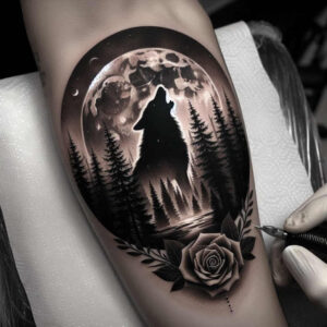 contour-wolf-tattoo – tattoo design ideas free ai generated – neotraditional-refined-lines – for-upper-shoulder – Gallery: wolves-inkby-ai
