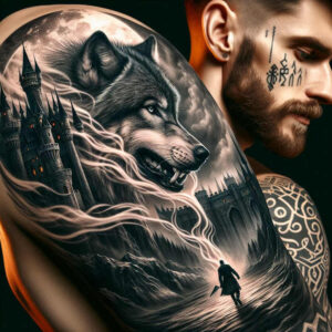 contour-wolf-tattoo – tattoo design ideas free ai generated – realism-digital-realism – for-back-shoulder – Gallery: wolves-inkby-ai
