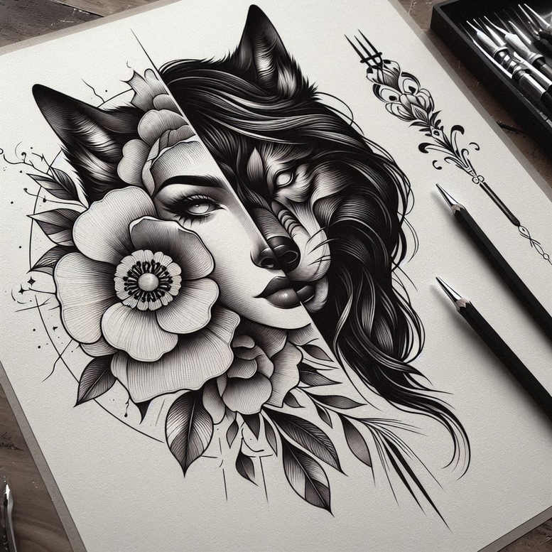 dot-wolf-tattoo – tattoo design ideas free ai generated – realism-natural-luminosity – for-sternum – Gallery: wolves-inkby-ai