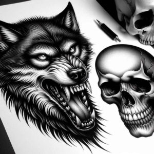 energy-motif-wolf-tattoo – tattoo design ideas free ai generated – neotraditional-rich-shading – for-back-of-neck – Gallery: wolves-inkby-ai