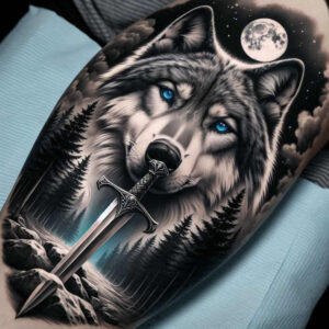 energy-motif-wolf-tattoo – tattoo design ideas free ai generated – realism-realistic-proportions – for-knee – Gallery: wolves-inkby-ai
