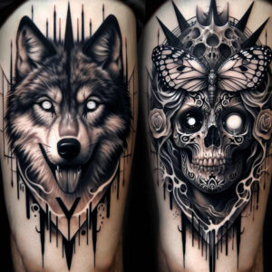 energy-motif-wolf-tattoo – tattoo design ideas free ai generated – surrealism-ethereal – for-lower-leg – Gallery: wolves-inkby-ai