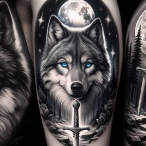 expression-wolf-tattoo – tattoo design ideas free ai generated – neotraditional-dynamic-composition – for-nape – Gallery: wolves-inkby-ai