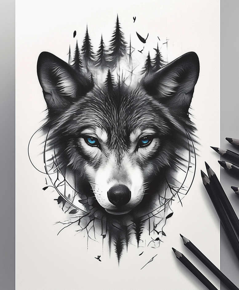 expression-wolf-tattoo – tattoo design ideas free ai generated – surrealism-fantasy-inspired – for-back-shoulder – Gallery: wolves-inkby-ai