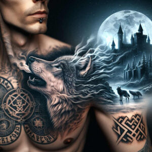 flowing-line-wolf-tattoo – tattoo design ideas free ai generated – neotraditional-bold-highlights – for-calf – Gallery: wolves-inkby-ai