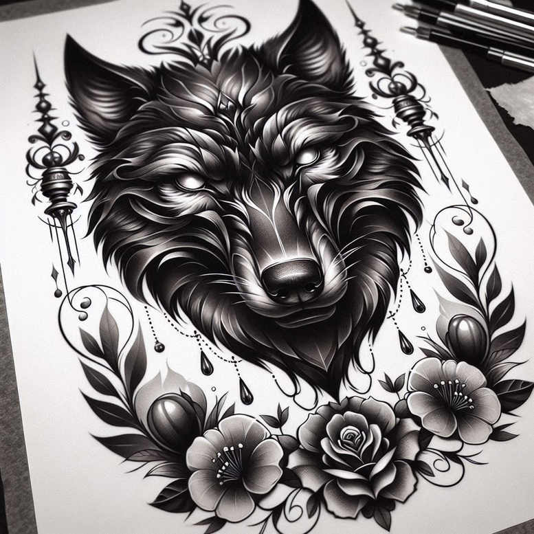 flowing-line-wolf-tattoo – tattoo design ideas free ai generated – surrealism-juxtaposition – for-lower-thigh – Gallery: wolves-inkby-ai