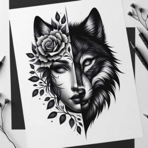 for-women – tattoo design ideas free ai generated – surrealism-enigmatic-visuals – for-back-of-neck – Gallery: wolves-inkby-ai