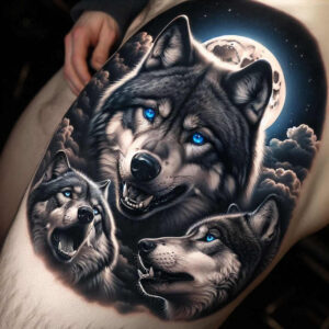 geometric-detail-wolf-tattoo – tattoo design ideas free ai generated – neotraditional-intricate-shading – for-shin – Gallery: wolves-inkby-ai