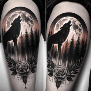 geometric-detail-wolf-tattoo – tattoo design ideas free ai generated – realism-contour-shading – for-back – Gallery: wolves-inkby-ai
