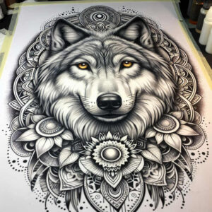 geometric-detail-wolf-tattoo – tattoo design ideas free ai generated – realism-refined-contrast – for-lower-back – Gallery: wolves-inkby-ai