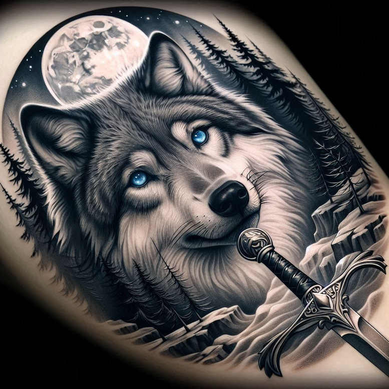 geometric-detail-wolf-tattoo – tattoo design ideas free ai generated – realism-tactile-shading – for-lower-leg – Gallery: wolves-inkby-ai
