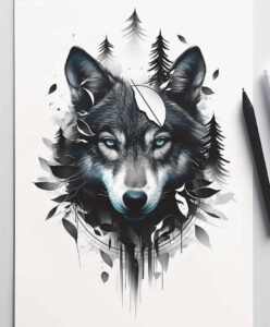 geometric-wolf-tattoo – tattoo design ideas free ai generated – neotraditional-layered-fill – for-shin – Gallery: wolves-inkby-ai