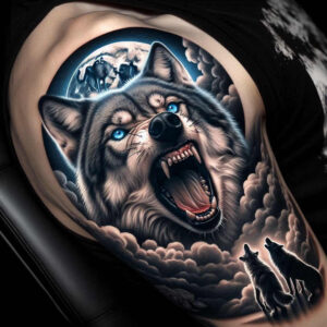 geometric-wolf-tattoo – tattoo design ideas free ai generated – surrealism-chromatic-aberration – for-side-torso – Gallery: wolves-inkby-ai